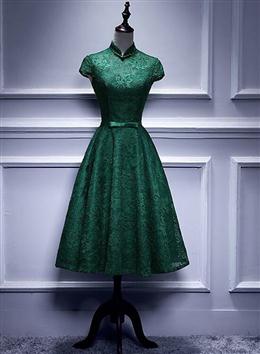 Picture of Charming Dark Green Tea Length High Neckline Party Dresses, Wedding Party Dresses